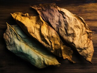 Poster - Three dried leaves rest on a dark wooden surface, exhibiting a range of autumnal colors from deep brown to golden yellow and muted teal, creating a still life image with a rustic, natu : Generative AI