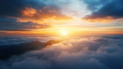 Fototapete - Majestic sunset over a mountain range, viewed from above the clouds, showcasing vibrant orange and blue hues in the sky. : Generative AI