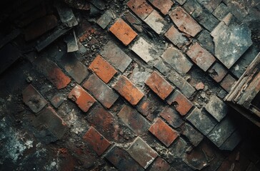 Aufkleber - A weathered brick pavement, showing age and decay, with diagonal brick patterns and dirt filling the gaps between bricks.  The image offers a textured, grunge aesthetic. : Generative AI