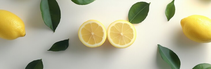Aufkleber - Two lemon halves with whole lemons and green leaves arranged on a white background, creating a vibrant and refreshing citrus composition. : Generative AI