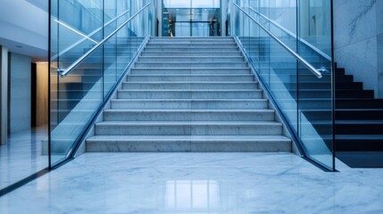 Aufkleber - Modern marble staircase in a contemporary building with glass railings, offering a clean and elegant architectural detail. : Generative AI