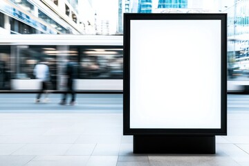Aufkleber - Blank billboard advertisement mockup in city street with blurred motion of people and public transport. : Generative AI