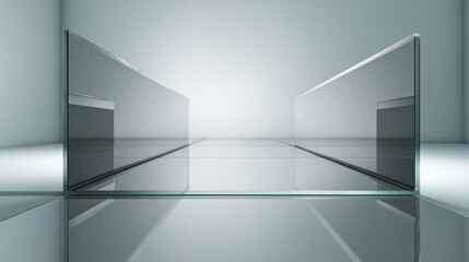 Poster - Modern minimalist glass structure interior with reflective surfaces and geometric design elements, creating a sleek and contemporary aesthetic. : Generative AI