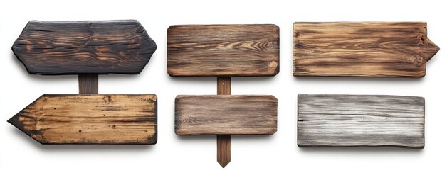 Poster - Six rustic wooden signs, various shapes and colors, isolated on white background, perfect for signage, message, or design projects. : Generative AI