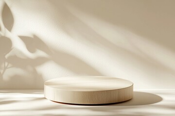 Leinwandbilder - A minimalist wooden display platform sits on a light beige surface, bathed in soft sunlight creating leaf shadows on the wall. : Generative AI