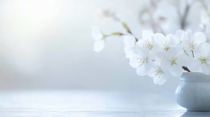 Aufkleber - Delicate white cherry blossoms arranged in a simple ceramic vase, sitting on a light wooden surface. Soft, dreamy lighting enhances the floral beauty. : Generative AI