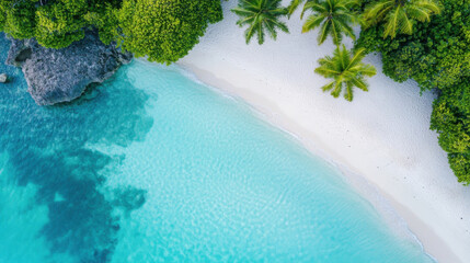 Poster - Aerial view of a pristine tropical beach with turquoise water, white sand, and lush green palm trees bordering the shore, showcasing a rocky outcrop in the ocean. : Generative AI