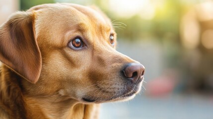 Aufkleber - Portrait of a Golden Labrador Retriever Dog, looking thoughtfully into the distance, bathed in soft sunlight, showcasing its warm fur and expressive eyes. : Generative AI
