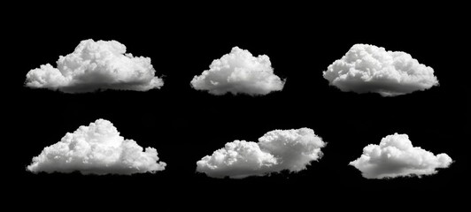 Poster - Six fluffy cumulus clouds isolated on a black background, perfect for weather, nature, or atmospheric design projects.  High-resolution images ideal for compositing. : Generative AI