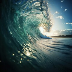 Fototapete - A majestic, turquoise ocean wave curls, backlit by the sunrise, creating a breathtaking spectacle of nature's power and beauty.  The wave's translucent surface reveals shimmering light : Generative AI