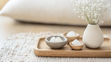 Aufkleber - Serene spa setting with white stones, wooden tray, and gypsophila flowers in a textured vase, creating a calming atmosphere. : Generative AI