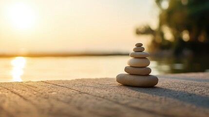 Poster - Serene sunset scene featuring a carefully balanced stack of light beige stones on a wooden dock overlooking calm water. : Generative AI