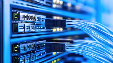 Fototapete - Close-up view of fiber optic cables connected to a server rack, illuminated with blue light, showcasing intricate network infrastructure. : Generative AI