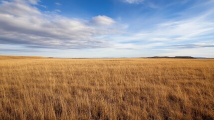 Poster - Expansive golden grassland under a partly cloudy sky, stretching to distant hills under a clear blue horizon. : Generative AI