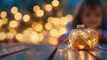 Aufkleber - A golden glass christmas ornament wrapped in warm fairy lights sits on a wooden table, blurred child in background. : Generative AI