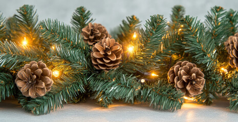 Poster - A festive garland of artificial pine branches adorned with warm-toned fairy lights and decorative pine cones, perfect for Christmas decor. : Generative AI