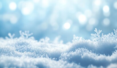 Poster - Close-up of delicate snowflakes resting on a pristine layer of fresh snow, bathed in soft, bright winter sunlight against a blurred, light blue background. : Generative AI