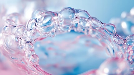 Aufkleber - Closeup of water bubbles forming a delicate, translucent arch, showcasing pastel pink and blue hues with a soft, ethereal quality. : Generative AI