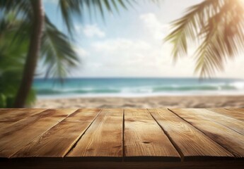 Poster - Wooden table overlooking a tropical beach scene with palm trees and ocean waves, perfect for summer product displays or vacation themed designs. : Generative AI