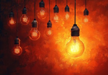 Aufkleber - Glowing vintage light bulbs hanging against a textured orange wall, creating a warm and inviting atmosphere.  The image evokes feelings of nostalgia and creativity. : Generative AI