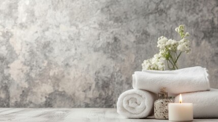 Leinwandbilder - Spa setting with white towels, a lit candle, and white flowers against a textured gray wall, creating a serene and relaxing atmosphere. : Generative AI