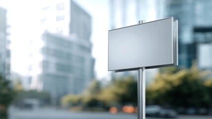 Poster - Blank metallic signpost stands in a modern city setting, offering a clean template for advertisement or directional information.  The urban backdrop is subtly blurred, focusing attenti : Generative AI