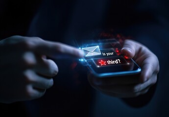 Fototapete - Person using smartphone, interacting with digital email notification; question 'Is your third?' displayed with star icon; concept of online communication, message prioritization, and u : Generative AI