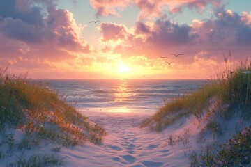 Poster - Serene sunset over a sandy beach path, with gentle waves and flying seagulls creating a peaceful coastal scene. : Generative AI