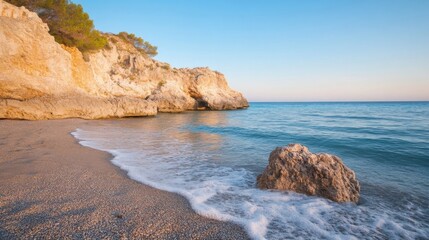 Poster - Serene coastal scene at sunrise, featuring a pebble beach, gentle waves lapping against the shore, and dramatic limestone cliffs covered in Mediterranean vegetation. : Generative AI