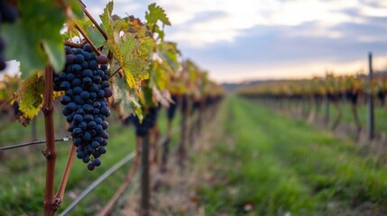Aufkleber - A single bunch of dark purple grapes hangs heavy on a vine in a vineyard at sunset, the rows of vines stretching into the distance. : Generative AI