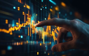 Aufkleber - A hand interacts with a vibrant digital display showing dynamic stock market data, orange and teal lines illustrating fluctuating prices and trends. : Generative AI