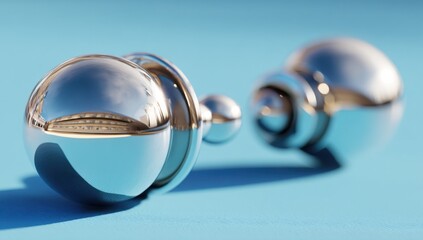 Poster - Close-up of two polished chrome spheres connected by a slender metallic stem, reflecting a blurred cityscape and sky, set against a pale blue background. : Generative AI