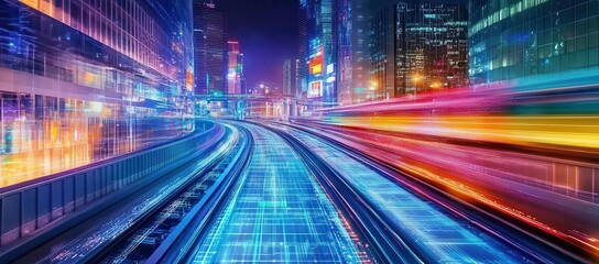 Poster - Vibrant City Nightscape with Motion Blur and Glowing Lights