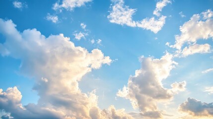 Aufkleber - A breathtaking view of fluffy cumulus clouds illuminated by sunlight against a vibrant blue sky, creating a serene and peaceful atmosphere. : Generative AI