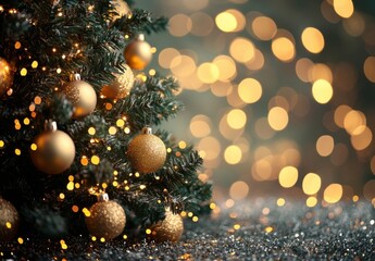 Aufkleber - Closeup of a decorated christmas tree with gold ornaments and warm lights, sitting on a sparkly surface against a bokeh background. : Generative AI