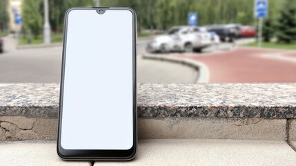 Aufkleber - Smartphone with blank screen rests on granite ledge, blurred city street and parked cars in background. : Generative AI