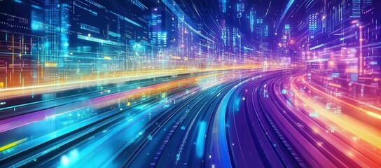 Leinwandbilder - Vibrant Futuristic Cityscape at Night with Glowing Lines and Data Streams