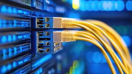 Fototapete - Close-up view of fiber optic cables connected to a network switch in a modern data center, showcasing high-speed internet infrastructure. : Generative AI