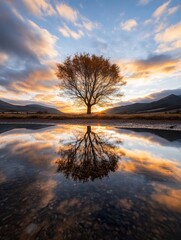 Poster - Solitary tree silhouetted against a vibrant sunset, its reflection mirrored perfectly in a still puddle, creating a serene and peaceful autumnal landscape. : Generative AI