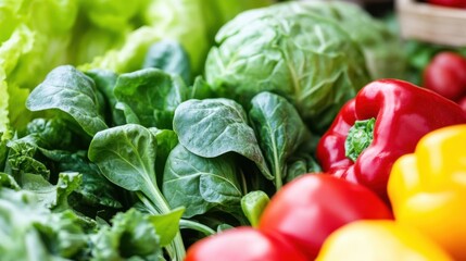 Aufkleber - Fresh spinach leaves, red and yellow bell peppers, and green cabbage create a vibrant display of healthy vegetables. : Generative AI