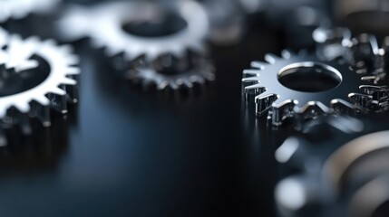 Aufkleber - Close-up view of several metallic gears interlocked, reflecting light on a dark surface, suggesting precision engineering and intricate mechanics. : Generative AI