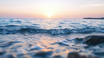 Poster - Serene ocean wave gently lapping against a rocky shore at sunset, showcasing the tranquil beauty of nature's elements. : Generative AI
