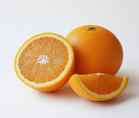 Aufkleber - A juicy orange cut in half, alongside a whole orange and a segment, displayed on a bright white background.  The vibrant citrus fruit is ripe and ready to eat, showcasing its fresh, he : Generative AI