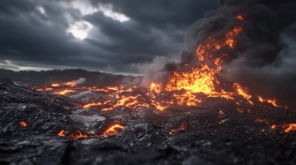 Leinwandbilder - Fiery volcanic eruption scene with glowing lava flowing across dark, rocky terrain under a dramatic, stormy sky. : Generative AI