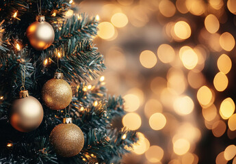 Aufkleber - Closeup of gold christmas ornaments hanging on a decorated evergreen tree with warm bokeh lights in the background, creating a festive holiday atmosphere. : Generative AI