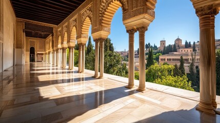 Aufkleber - Sunlit Colonnade in Alhambra Palace offering a panoramic view of Granada's historic cityscape and lush greenery. : Generative AI
