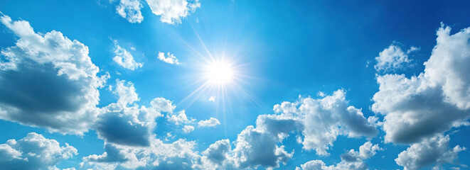 Aufkleber - Bright sun rays burst through fluffy cumulus clouds in a vibrant blue summer sky, creating a breathtaking panoramic view. : Generative AI