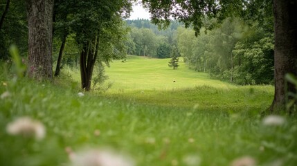Leinwandbilder - Serene summer landscape: a lush green meadow framed by towering trees, offering a tranquil view of nature's beauty. : Generative AI
