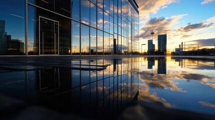 Poster - Modern glass building reflecting sunset cityscape and clouds in a puddle, creating a stunning urban reflection. : Generative AI