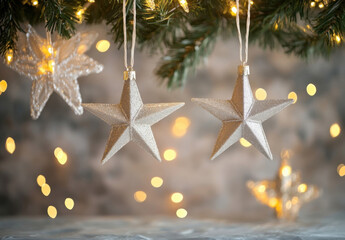 Poster - Two silver glitter star ornaments hang from a christmas tree branch, illuminated by warm bokeh lights, creating a festive holiday scene. : Generative AI